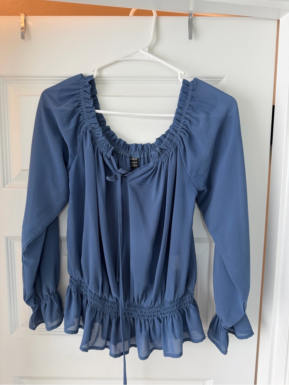 SHEIN Dusty Blue Smocked Waist Peasant Blouse with Tie